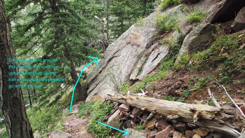 This boulder blocks the view of Tasty Slab. Tasty is maybe 40 feet slightly uphill and west of the trail and this boulder. After continuing up the trail, the face becomes hidden.