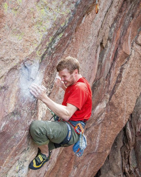 Jimmy Burckhard trying hard in the first crux, 6/12/14.<br>
<br>
Climbing photography by:<br>
vandiverphoto@gmail.com.