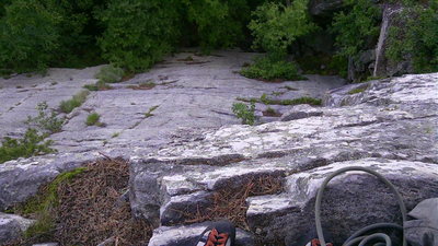 Looking down on the P1 face of Willie's Weep from the optional belay tree on P2.