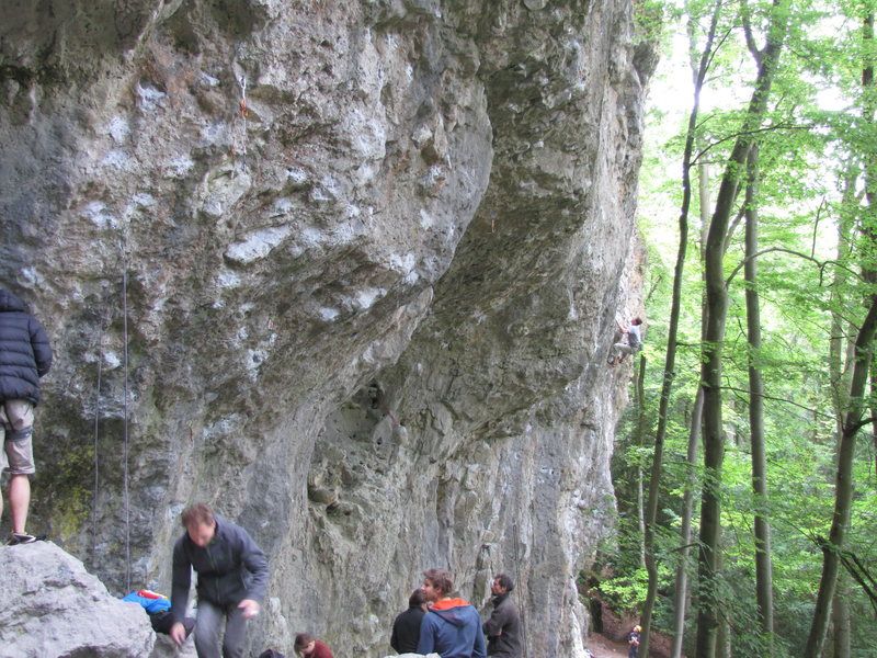 A busy (relatively normal) weekend on the Obere Schloßbergwände. The climbers are gathered chiefly below the popular "Liebe ohne Chance" and "Master Blaster".