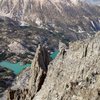 Looking down on the ridge and summit of the upper buttress from somewhere above the Red Tower.