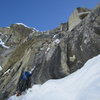 Clint Helander beginning the thin crack after the left traverse.