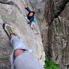 Abbe following Jenga Buttress in the Notch.