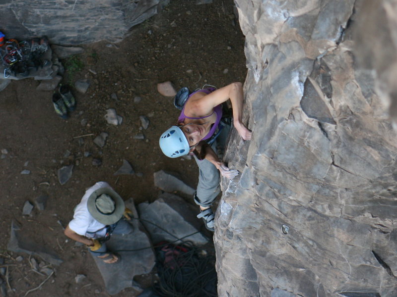 Amy finishing the lower technical crux of Galaga.