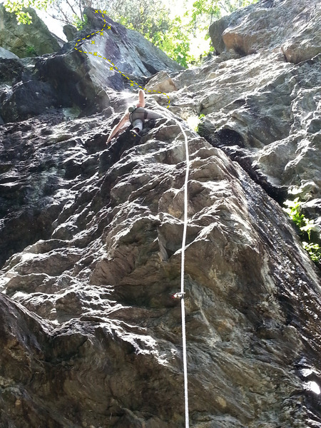 Marco Lazure in the 11b portion of British Airways. Just before going to the arete where the 12b starts.