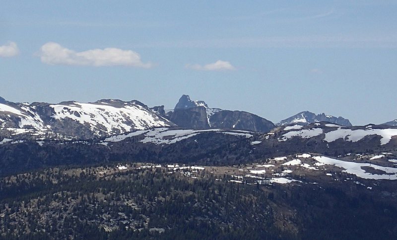 Bauerman Ridge with Cathedral Peak in the distance (center) in June - from the east.