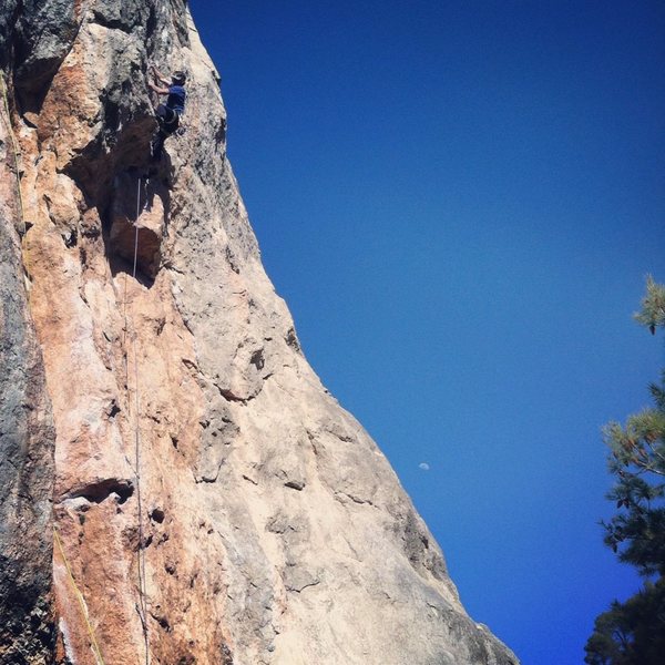 Over the roof and heading for the crux