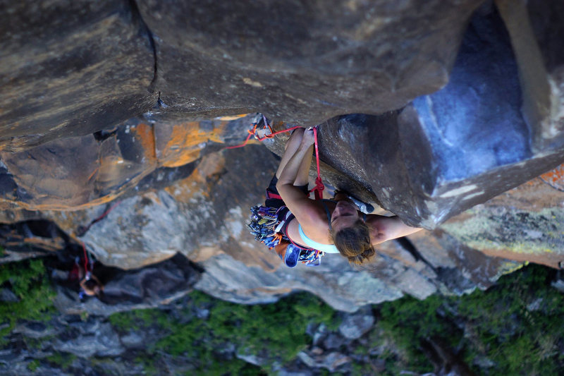 T.H. digging into the dreamy crux section.