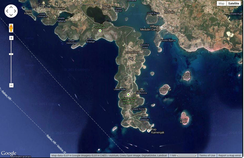 Map showing Kap Kamenjak (~8 miles south of Pula).  DWS areas are just east of the Safari Bar.