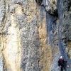 Following the traverse (7th pitch) on Via Rossi-Tomasi