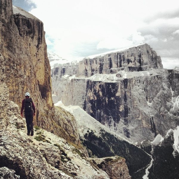 Hiking off from the First Sella Tower.  Piz Pordoi in the background. 