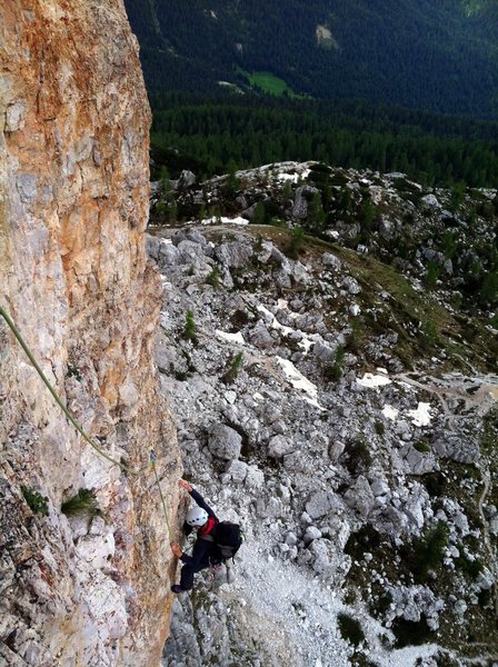 Pitch 4 on Diretta Dimai.  Steep climbing on good, well protected rock.