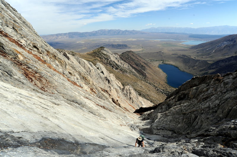 Wide angle view looking down the Mendenhall Couloir with Convict Lake (and Crowley) in the background.