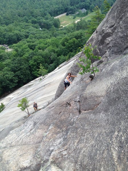 Carol Halupowski on the fun 5.6 crux corner on pitch 3