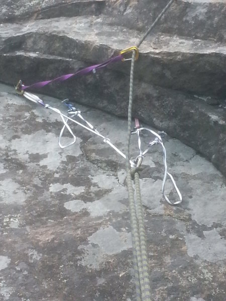 Anchor at the top of the second pitch. I used an equalette with 2 very small cams, a large nut, and a pink tricam (solid but a bitch to clean).<br>
<br>
This was a semi-hanging belay, so it had  to be extra bomber. If you belay at the anchor instead of the ledge below, it's completely hanging.