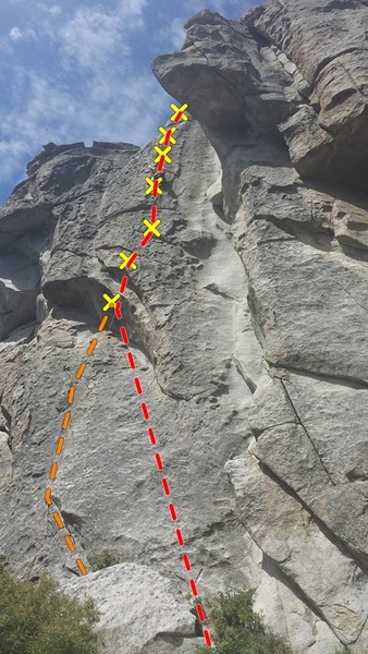 for some variety instead of starting up the lower angled slab start on the the left side of the detached flake and follow the undercling flake up and to the left then head up to the first bolt (orange line). finger sized cams are useful. the grade is still 5.9 but it is more exciting than the standard start (red line).