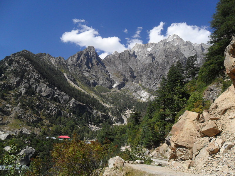 view of big walls and some crags.  Kharogla Wall is down on the left by the road.