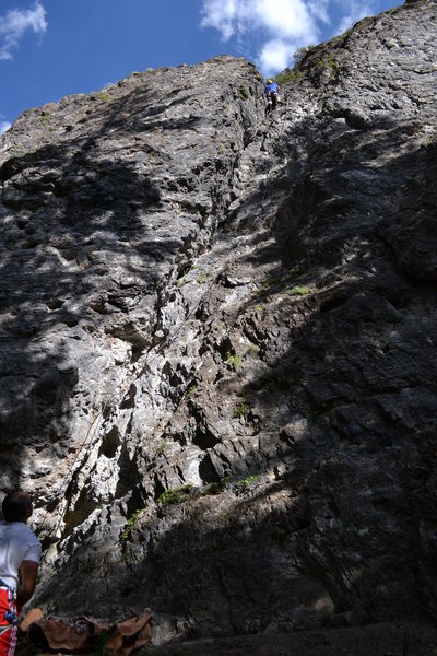 Ryan finishing the lead climb on Shindig with Dave on belay.