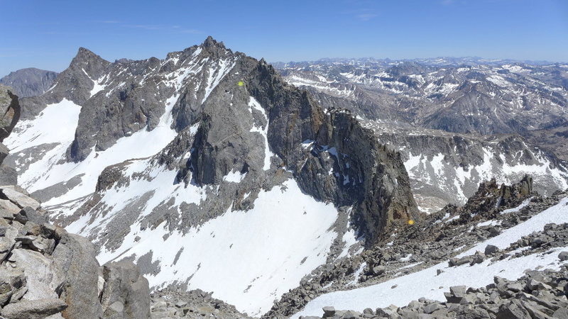 another view of the descent (chartreuse dot marks the top of the N slab descent, the orange dot is the top of Agassiz Col)