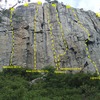 A few of the routes on 90 Foot Wall