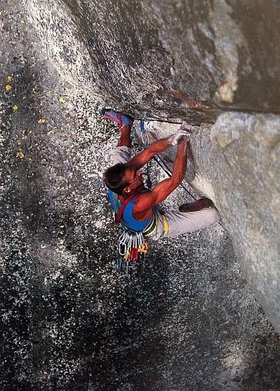 Ed Barry flashing Cowabunga (5.12b), Tuolumne Meadows
<br>

<br>
Photo by Chris Falkenstein