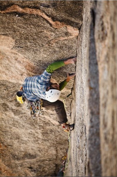 On the crux of pitch 2 during the FFA.<br>
<br>
Photo by John Lloyd.