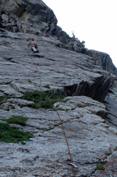 Looking up at David A leading Pitch 2. It's steeper than it looks. After the last bolt head far left on easy climbing to anchors.