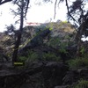 Belay at base of tree on natural ledge.  Notice that Old School (route) splits off to the right.  Traverse to P2 belay shown.  P2 is a straighter line than appears from this angle (despite P2 looking deformed, there is little to no rope drag on this pitch).