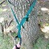 Webbing wrapped around tree twice and ends connected with water knot. Simple overhand used to create master point.