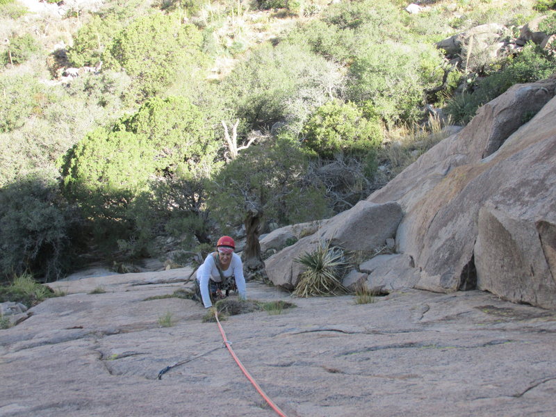 Amy Harvey coming up Pitch 1. The small tree just below her and little to her left is weak and should be avoided as an anchor.