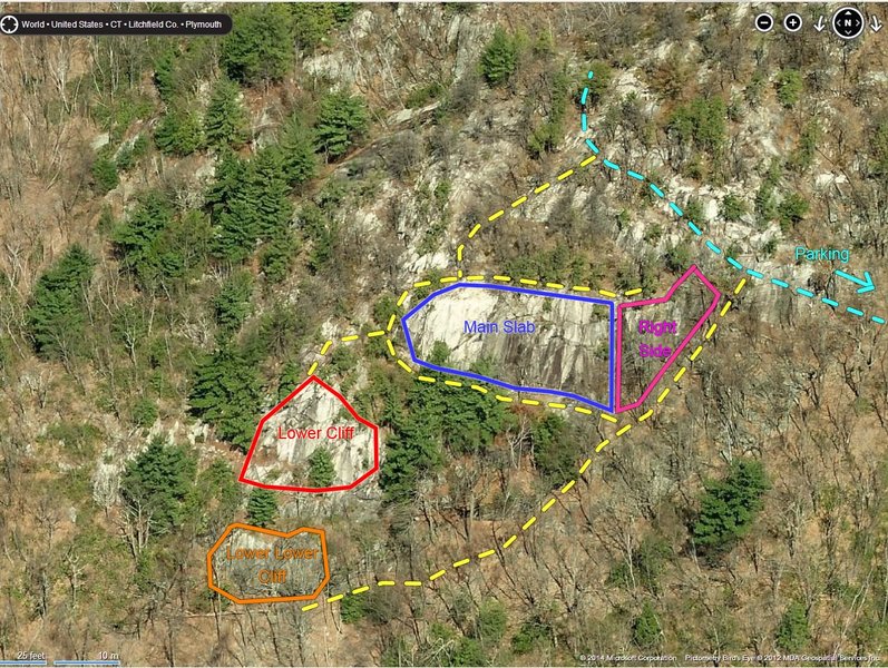 Whitestone areas (light blue = hiking trail, yellow = climber's trails)