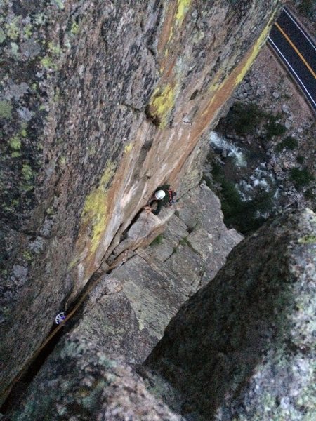 Deb coming up the nice handcrack on P2, approaching some easy off-width.