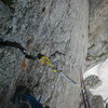 Looking down the entire crux 3rd pitch