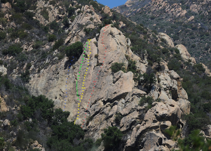 Route topo for King Snake Crack, in Rattlesnake Canyon. <br>
<br>
Green is King Snake Crack (5.7 PG-13).<br>
Yellow is Tender Flakes of Mercy (5.8 PG-13).