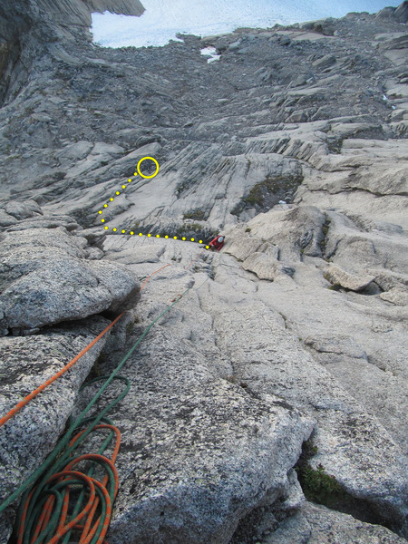 Looking down from the belay on top of pitch one.