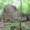 Front of same boulder.  20 feet high at top. <br>
<br>
3 problems up the front, maybe a short one yet on the right<br>
<br>
A hard V0-V1ish problem up the center to top out<br>
<br>
(no info on first sends, I sent it first try, ill name it "frosted flakes"  because of the flake like features of this problem. <br>
<br>
on the right slightly shorter V1 ish problem, one really good move on it. <br>
<br>
V3 -V4ish up the left, the start is a super fun sequence.  Again shorter climbers will be where i am at with this, tall folks might be able to reach a few key holds easier?? <br>
<br>
no sends, but i see the line, just need to make it happen.  Ill name this project "Varicose Veins"  Thats what the vein features up higher remind me of.  Super fun problem, some options to start, all feel about the same to me, use what works for you.  