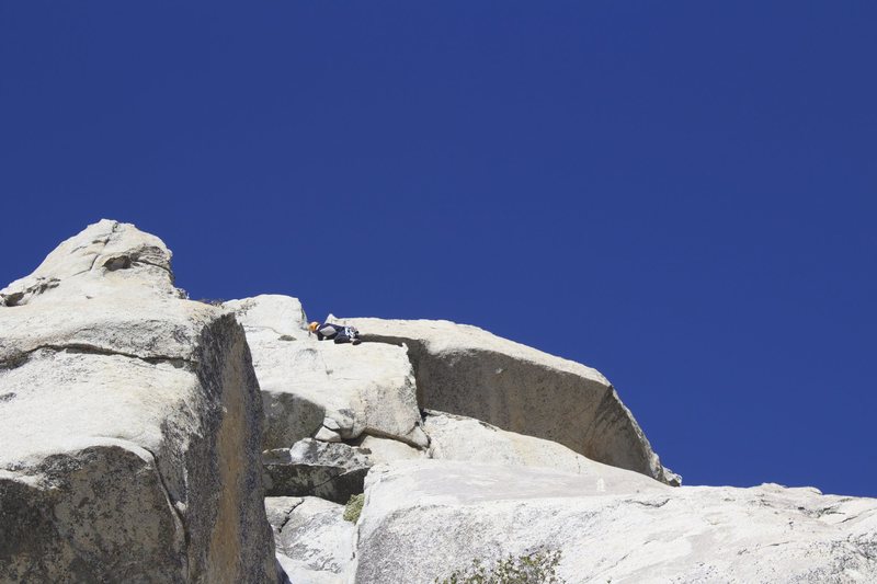 Erik finishing off the super-exposed roof traverse!