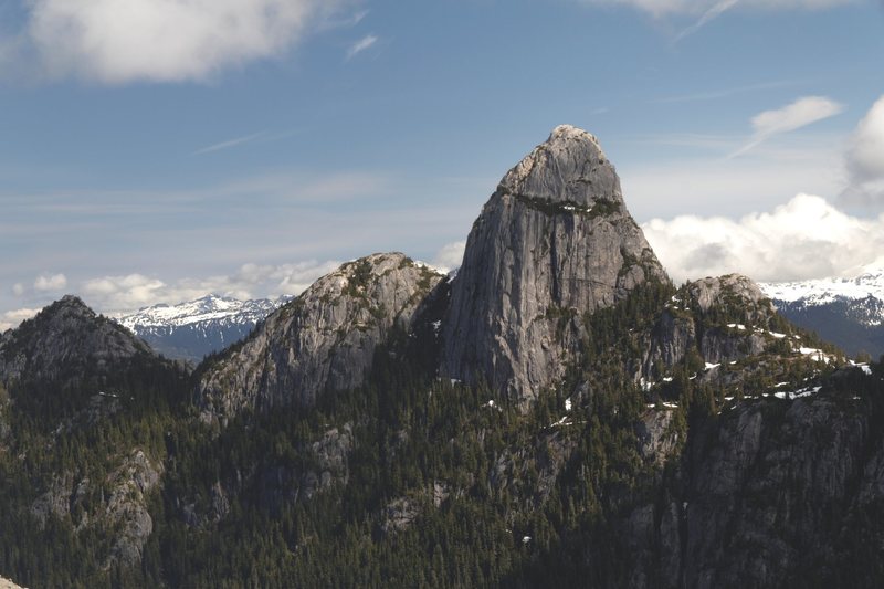 Mt. Habrich as seen from near Sky Pilot mountain. Life On Earth climbs the arete between shade and sun.