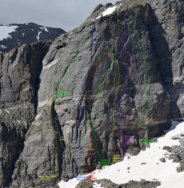 Topo of selected routes on Hallett's Second Buttress, RMNP.