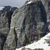 Topo of selected routes on Hallett's Second Buttress, RMNP.