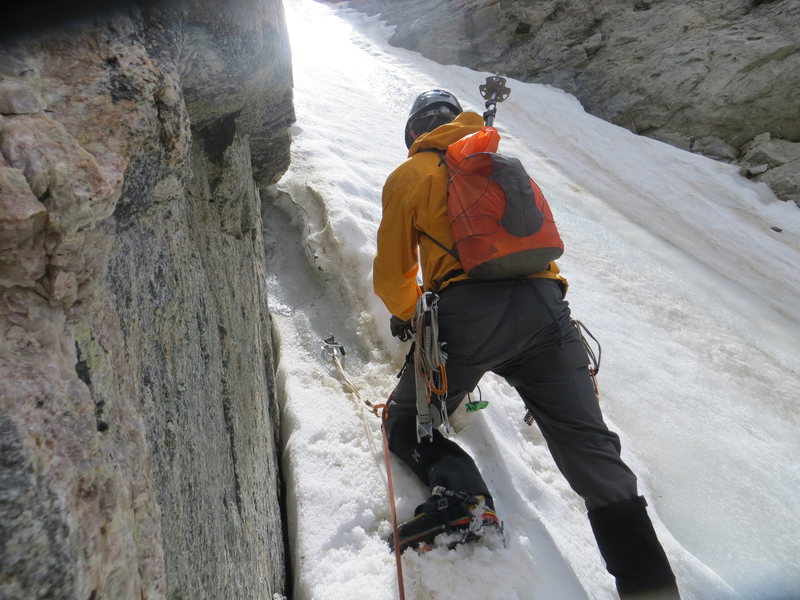 Higher up, where the snow transitions to ice.  There were about two pitches of this, plus one rock move, to get to the notch.  