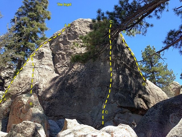 The Ingot, Holcomb Valley Pinnacles<br>
<br>
A. Goldfinch (5.7)<br>
B. The Melon Factor (5.11b)<br>
C. All that Glitters (5.10b)<br>
D. Golden Opportunity (5.10d)