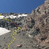 location of the fixed line to get up to the lower saddle.  trail is in yellow; fixed line is in red.