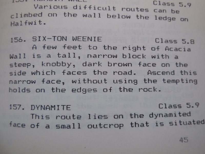 The description of the "Six-Ton Weenie" for Steve Mackay's 1976 Mt. Rubidioux guidebook.