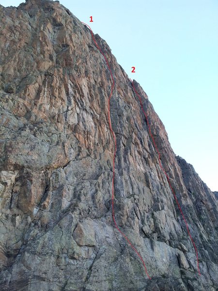 The lower buttress of the Seldom Seen Wall, showing 1) Jack Mormon and 2) The Route that Kor Forgot.