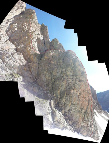 The route "Jack Mormon" on The Seldom Seen Wall as seen from the descent gully immediately west. The line on the lower buttress shows only the approximate location of the route.