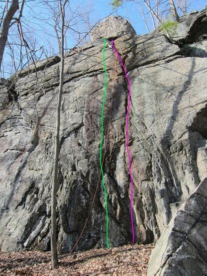 From the Facebook group Powerlinez - Beta Shed: <br>
<br>
GREEN: This is the project. Easy start, 10ish face climbing through middle, hand crack to the right is off-limits. Great route, some tricky moves through the middle, extremely dirty, we cleaned as best we could. Beware of loose flake/block at top (white X), temping to lie-back it. <br>
<br>
PURPLE: The Fuzz. 9/10ish, but maybe easier, hard to tell grade as we were so beat by the end of the day. Climb the finger/hand crack to the top. Another great, fun route, also extremely dirty, now less so. Beware of loose flake/block at top (white X), temping to lie-back it.