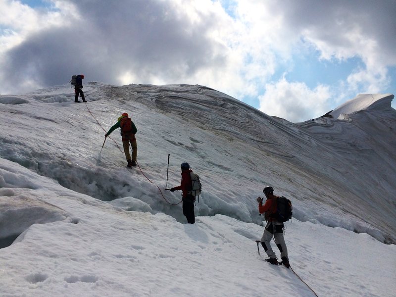 Crevasse crossing on the way to the top, Mt. Temple.