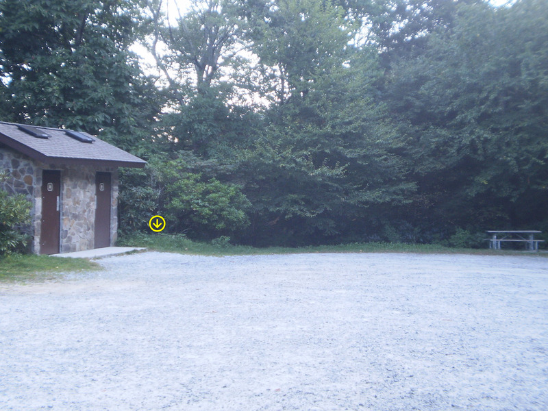 The start of the approach next to the pit toilets. Go steeply down the hill and the trail turns to the right at the bottom.