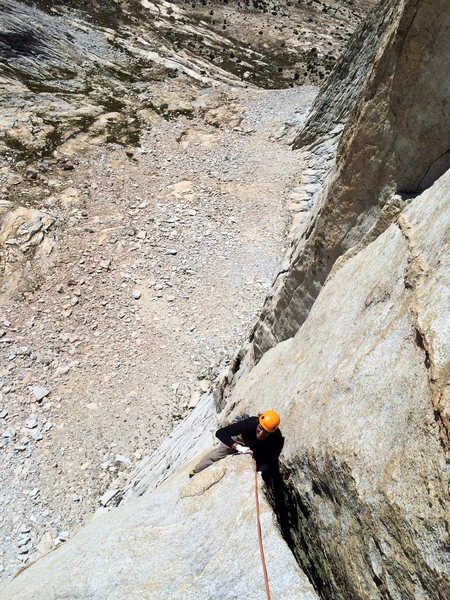 Dmitriy Litvak following the crux P4 5.10 OW